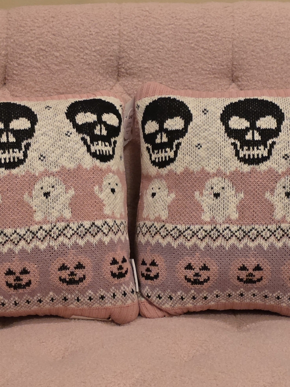 Pink Halloween Knit Throw Pillow Pair with Skull,Ghost, & Jack-o-lantern Motif